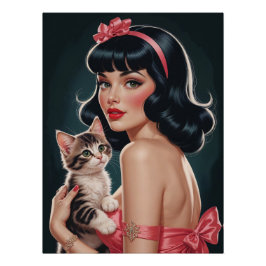Brunette Pin-Up med Cute Kitten Porträtt Poster Perfect Poster