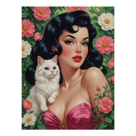 Brunette Pin-Up med Cute White Cat Poster Perfect Poster