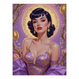 Brunette Pin-Up-Påskäggen Guld och Lila Perfect Poster