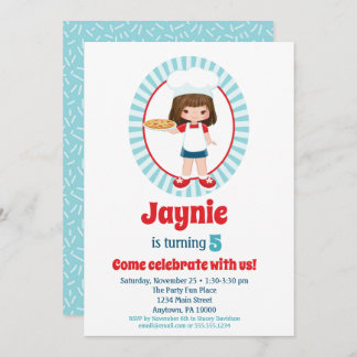 Brunette Pizza Party Girls Birthday Inbjudningar