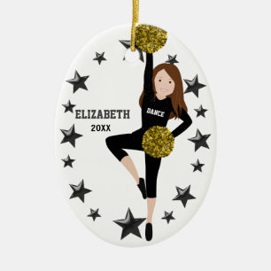 Brunette Pom Squad Guld och Black Ceramic Ornament