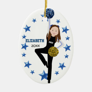 Brunette Pom Squad i Guld, Blue & Black Julgransprydnad Keramik