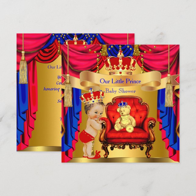Brunette Prince Baby Shower Guld Bear Red Blue Inbjudningar (Fram/baksida)