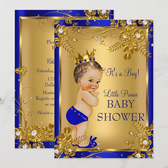 Brunette Prince Boy Shower Guld Blue Blommigt Inbjudningar (Fram/baksida)