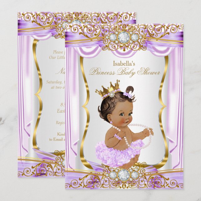 Brunette Princess Baby Shower Lila Silke Guld Inbjudningar (Fram/baksida)