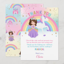 Brunette Princess och Rainbow Unicorn Birthday Tack Kort