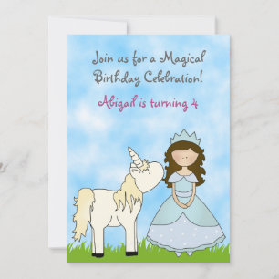 Brunette Princess och Unicorn Birthday bjudande Inbjudningar
