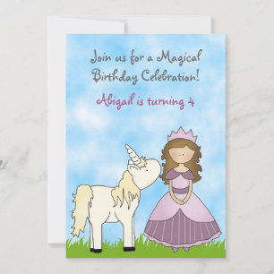 Brunette Princess och Unicorn Birthday bjudande Inbjudningar