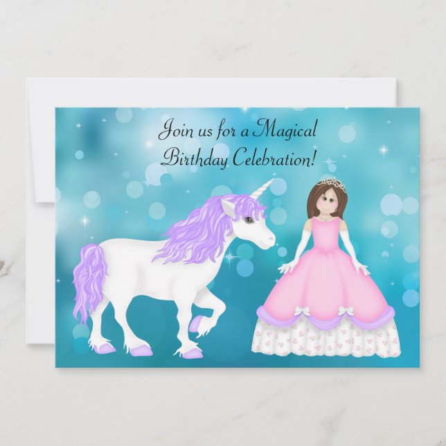 Brunette Princess och Unicorn Birthday bjudande Inbjudningar (Framsida)
