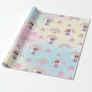 Brunette Princess och Unicorn Rainbow Birthday Presentpapper