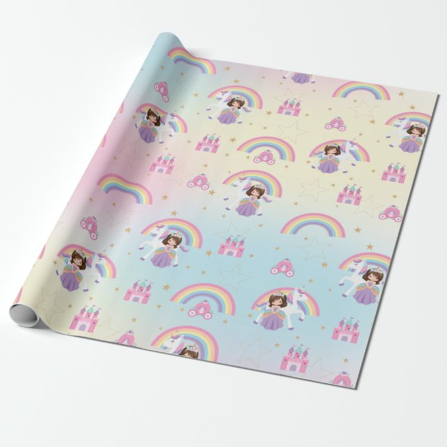 Brunette Princess och Unicorn Rainbow Birthday Presentpapper (Utrullad)