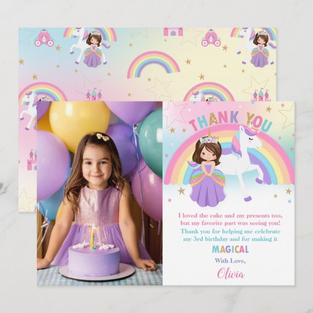 Brunette Princess Rainbow Unicorn Birthday Photo Tack Kort (Fram/baksida)