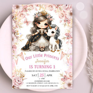 Brunette Princess Unicorn 1:a födelsedagsinbjudan Inbjudningar
