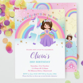 Brunette Princess Unicorn Birthday Rainbow Inbjudningar
