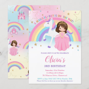 Brunette Princess Unicorn Birthday Rainbow Inv Inbjudningar
