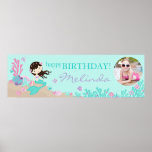 Brunette Sjöjungfru Birthday Banner Poster