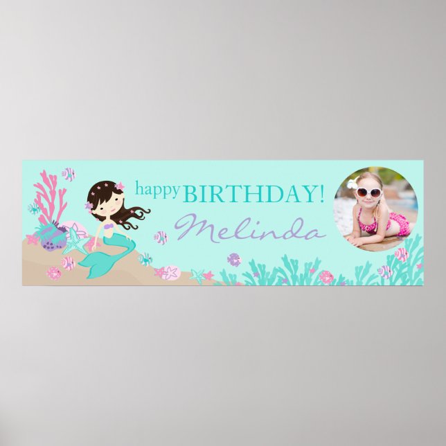 Brunette Sjöjungfru Birthday Banner Poster (Framsidan)