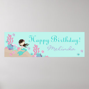 Brunette Sjöjungfru Birthday Banner Poster