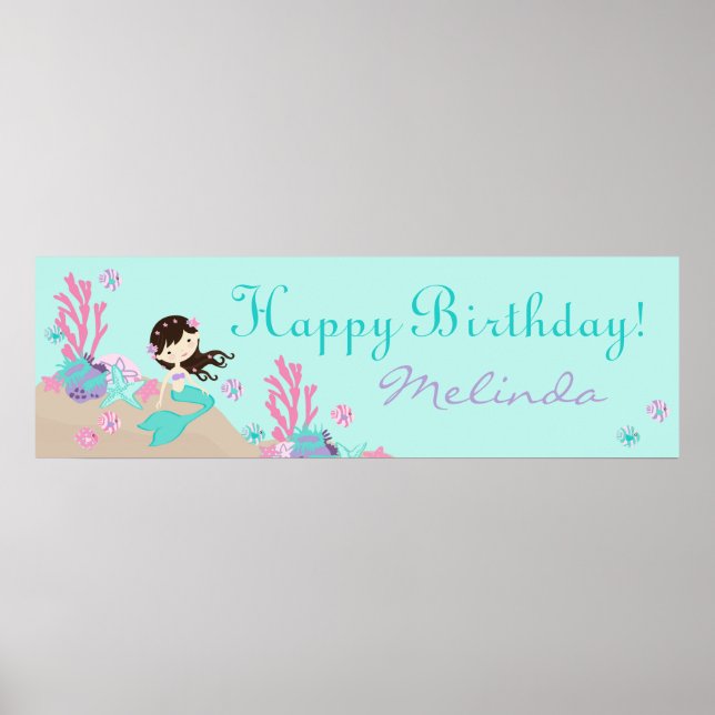 Brunette Sjöjungfru Birthday Banner Poster (Framsidan)
