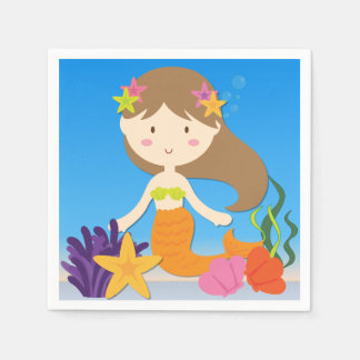 Brunette Sjöjungfru Birthday Papper Napkins Pappersservett