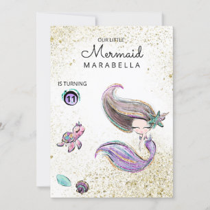 *~* Brunette Sjöjungfru Guld Glitter höftfödelseda Inbjudningar