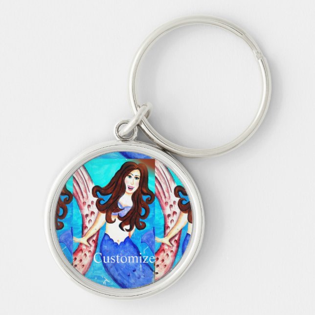 Brunette sjöjungfru Thunder_Cove Rund Silverfärgad Nyckelring (Framsidan)