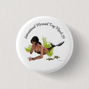 Brunette Sjöjungfru with Starfish Pin Button Knapp