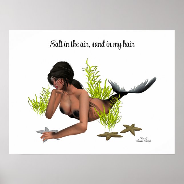 Brunette Sjöjungfru With Starfish Poster (Framsidan)