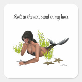 Brunette Sjöjungfru with Starfish Stickers Fyrkantigt Klistermärke