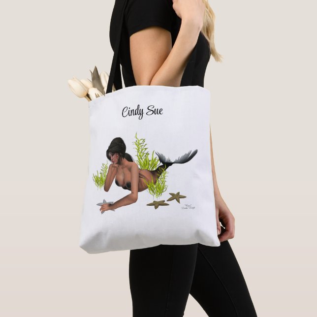 Brunette Sjöjungfru with Starfish Tote Bag Tygkasse (Närbild)