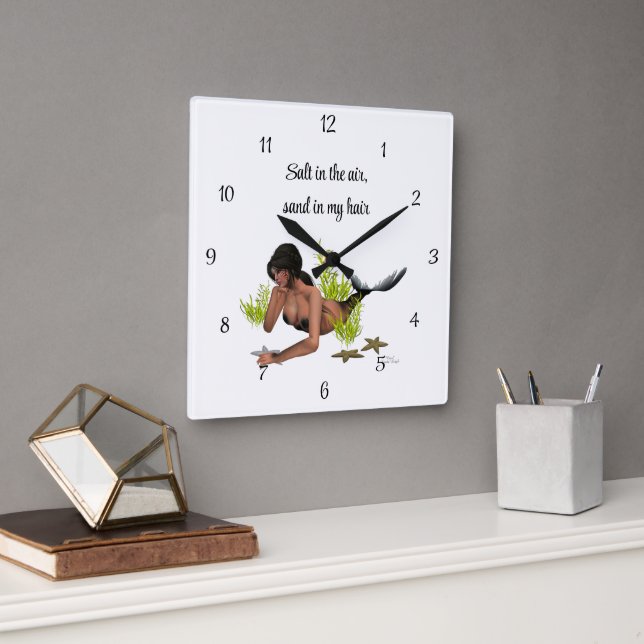 Brunette Sjöjungfru with Starfish Wall Clock Fyrkantig Klocka (Kontor)