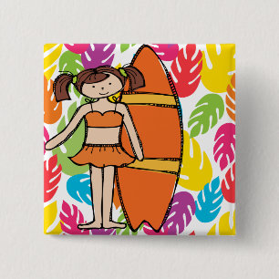 Brunette Surfer Girl Girl Button Knapp
