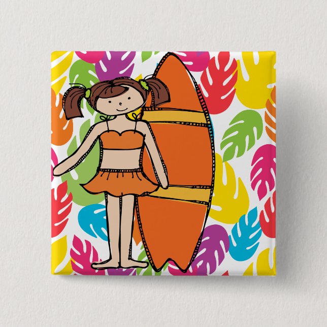 Brunette Surfer Girl Girl Button Knapp (Framsida)