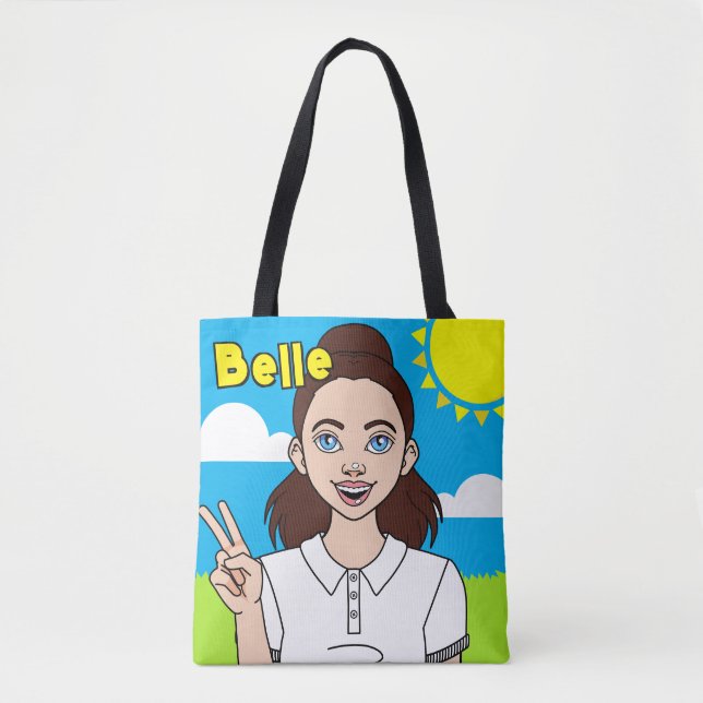 Brunette Tecknad Girl School Student Namn Bibliote Tygkasse (Framsida)