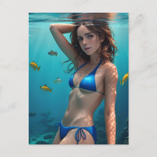 Brunette Woman Blue Bikini Underwater Photo Vykort (Framsida)