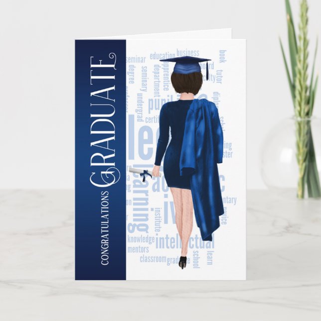 Brunette Woman Blue Cap och Gown Student Kort (Framsida)