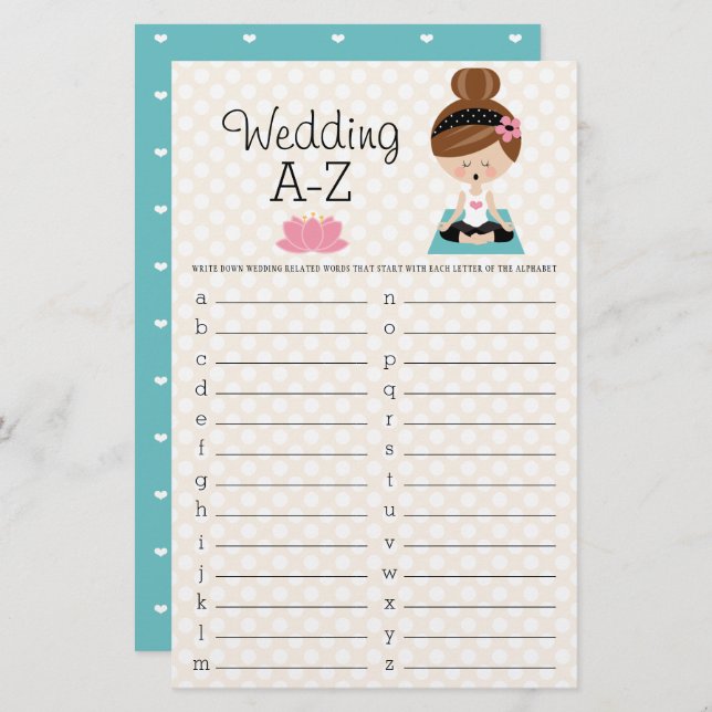 Brunette Yoga Möhippa Bröllop A-Z Game (Fram/baksida)