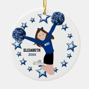 Brunetthejaklacksledare Pom Poms i blått & svart Julgransprydnad Keramik