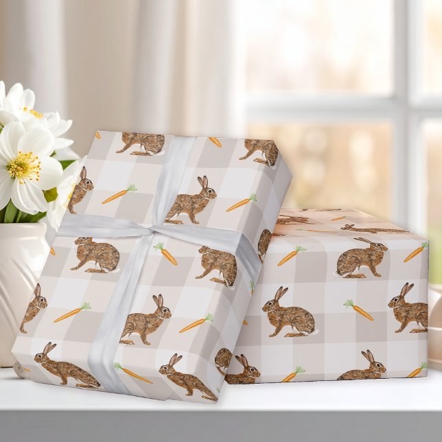Brunharar Och Morötter Beige Rutigt Vår Presentpapper (Skapare uppladdad)
