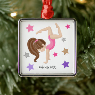 Brunhårig Gymnast Girl Gymnastics jul Julgransprydnad Metall