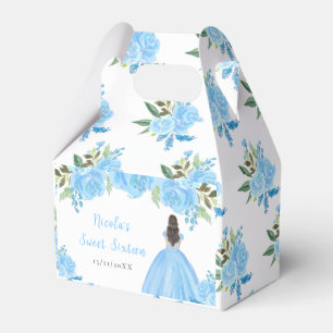 Brunhårig prinsessa blå blommig Sweet Sixteen Presentaskar