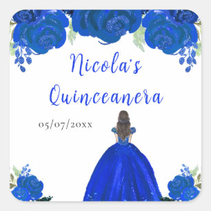 Brunhårig prinsessa Blå blomster Quinceanera Fyrkantigt Klistermärke