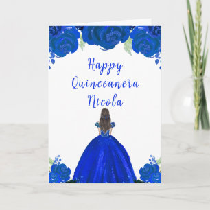 Brunhårig prinsessa blå blomster Quinceanera Kort