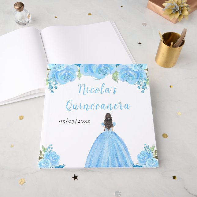 Brunhårig prinsessa Blå Quinceanera-gästbok Gästböcker (Framsidan öppen)