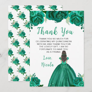 Brunhårig prinsessa Grön blomster Quinceanera Tack Kort