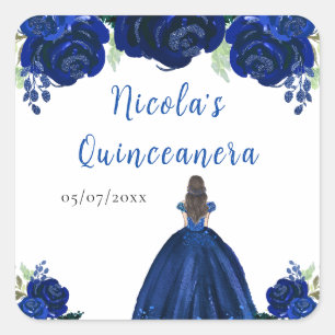 Brunhårig prinsessa Navy Blommig Quinceanera Fyrkantigt Klistermärke