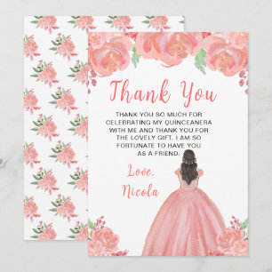 Brunhårig prinsessa rosa blomster Quinceanera Tack Kort