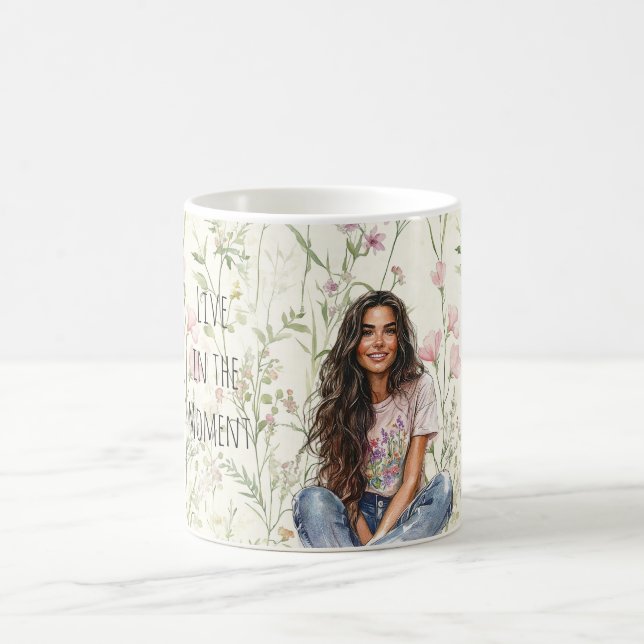 Brunhårig tjej blommor kaffemugg (Center)