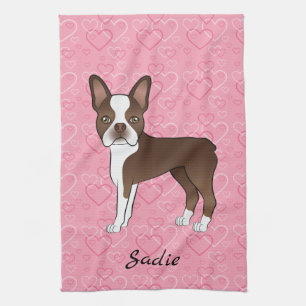 Brunn Boston Terrier Hund På Rosa Hjärtan Och Namn Kökshandduk