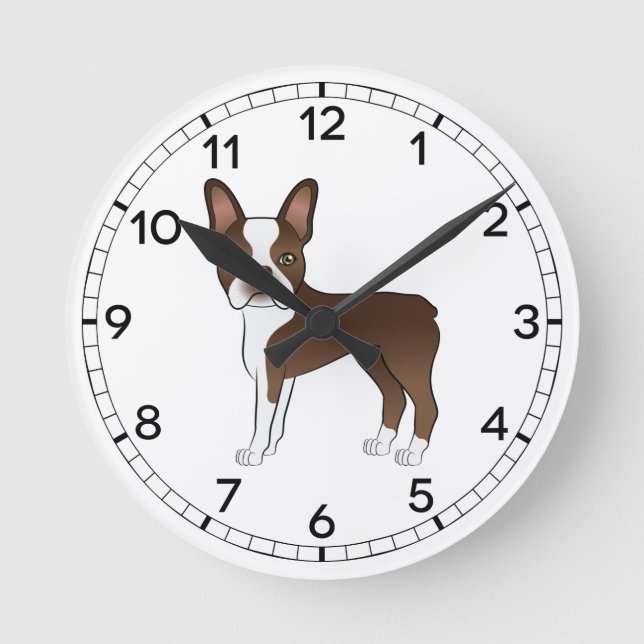 Brunn Boston Terrier Söt Tecknad Hund Ritning Rund Klocka (Framsida)